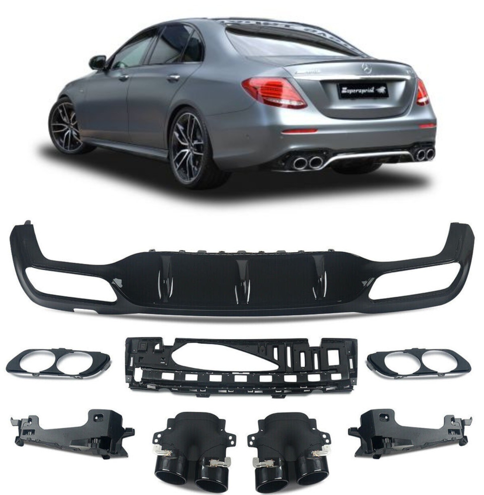 AMG REAR BUMPER DIFFUSER W/ TAILPIPES BLACK FOR MERCEDES E CLASS W213 E53 LOOK