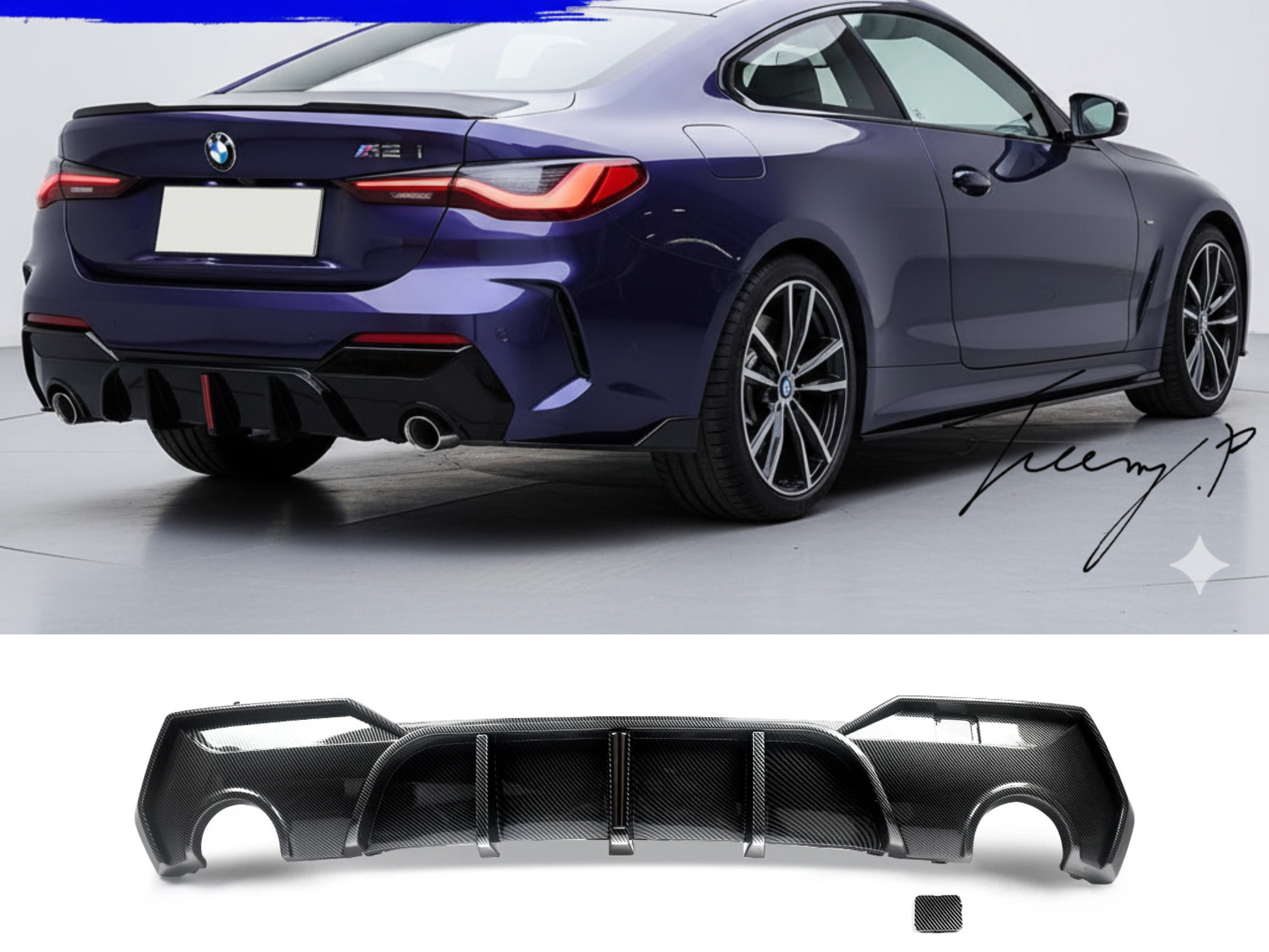 BMW 4 Series G22 G23 M Sport (2020+) Carbon Look Rear Diffuser Valance Bumper LED