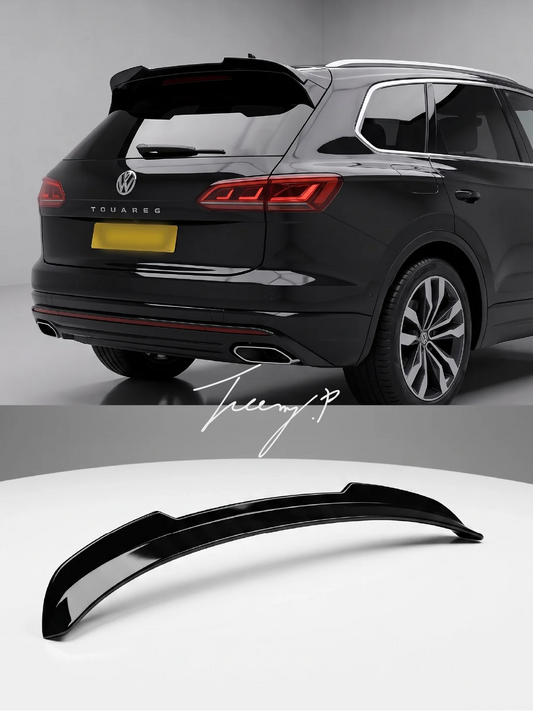 Gloss black rear roof spoiler wing lip installed on a 2011-2018 Volkswagen Touareg (7P)