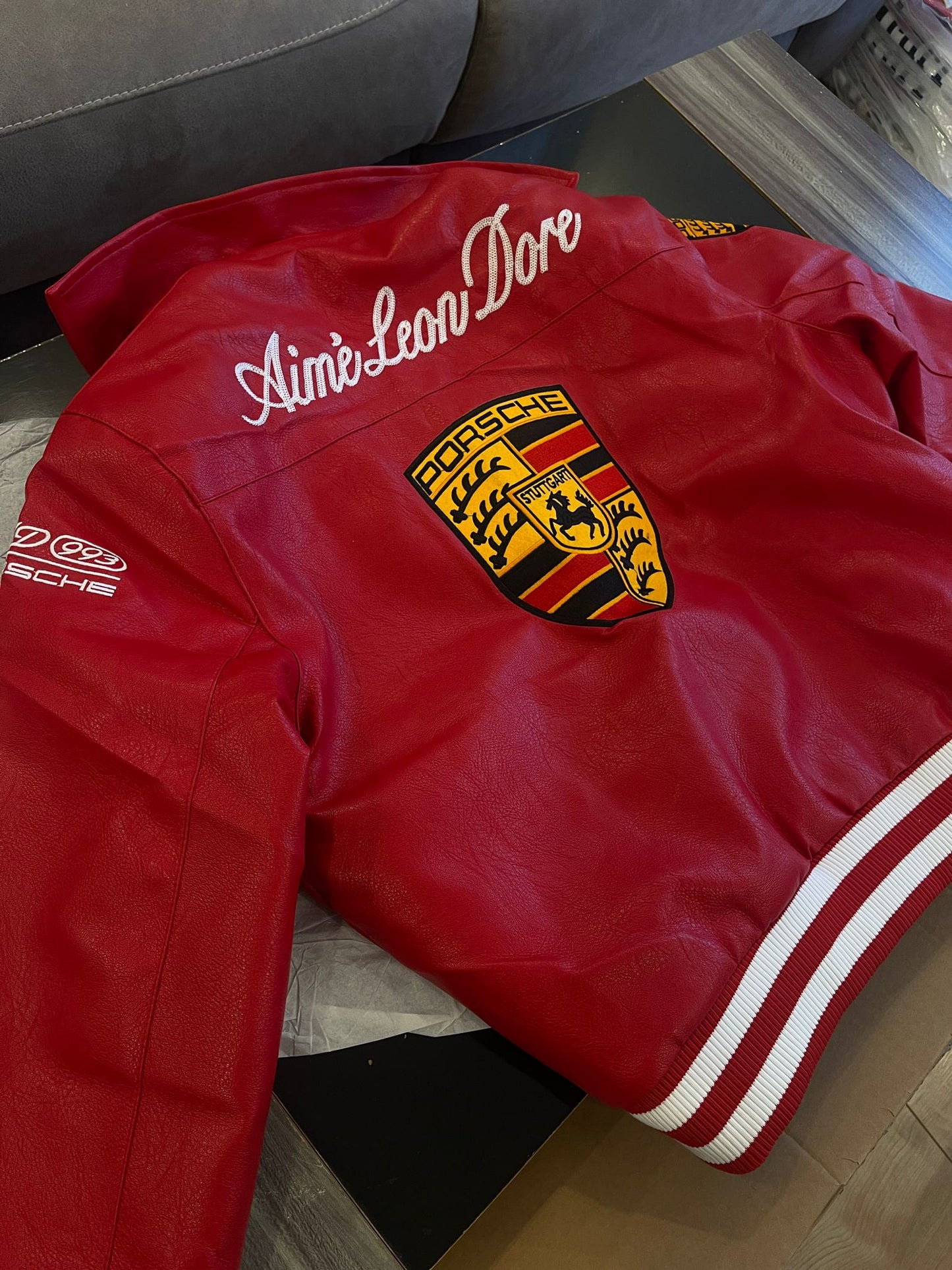 Porsche Jacket Leather Embroidered Stitched Padded Baggy style Racing F1 - Unisex - Outdoor Coat Women & Men Hoodie