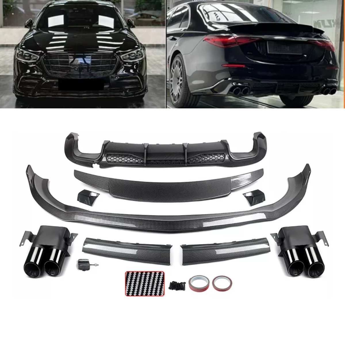 AMG Style Carbon Look Front Splitter & Rear Diffuser Kit for Mercedes S-Class W223