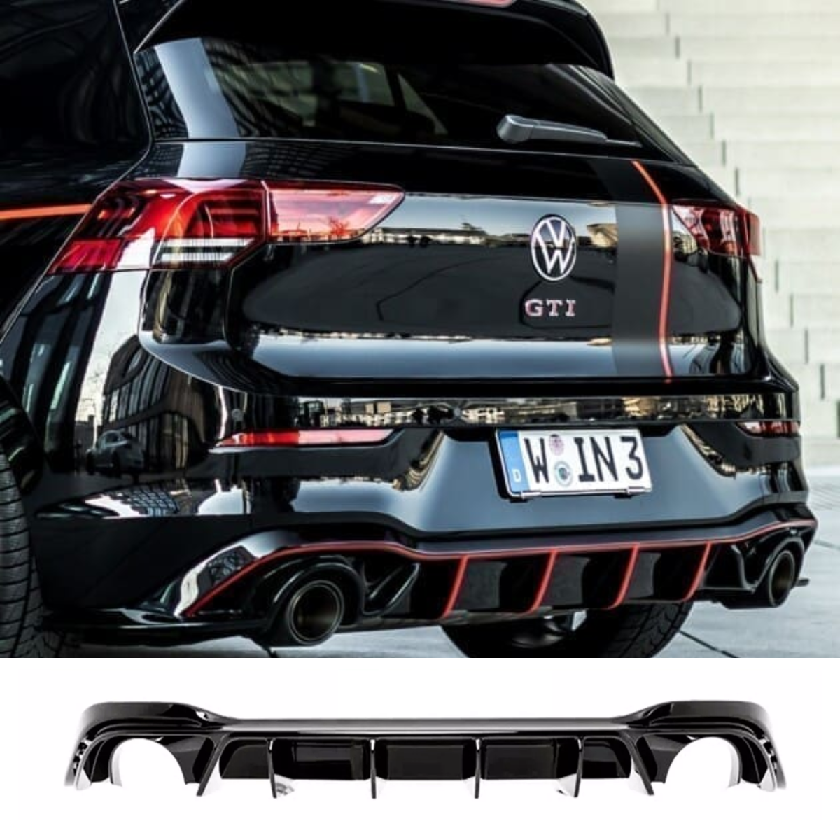 VW Golf MK8 GTI (2020-2023) Rear Gloss Black Valance Diffuser Lip Spoi ...
