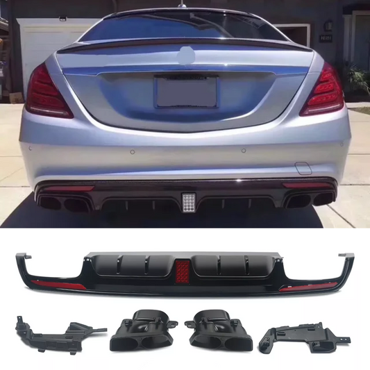 Gloss Black Rear Diffuser + Tailpipe for Mercedes S Class W222 S65 (2013-2017) AMG