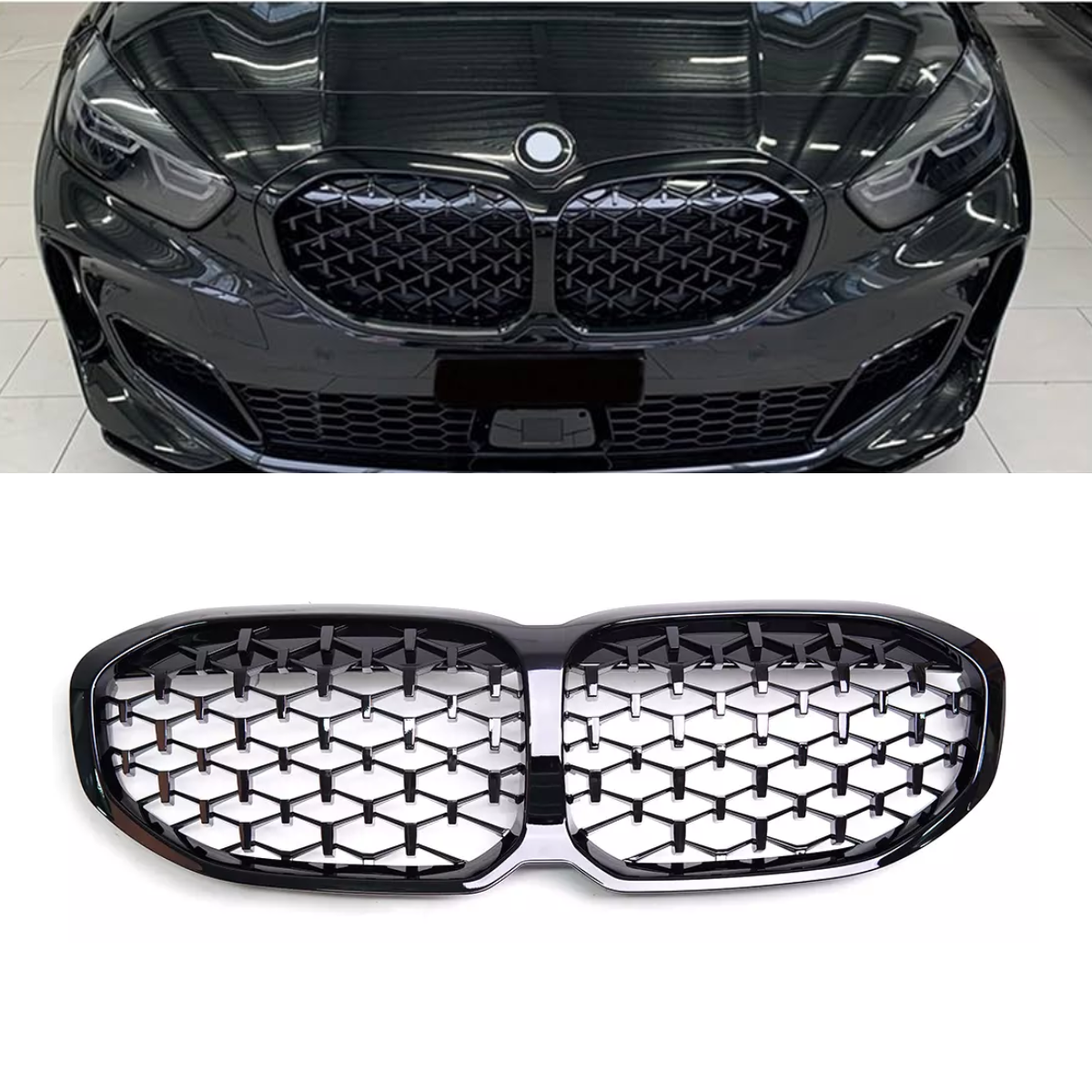 BMW 1 Series (F40) (2020+) Diamond Style Front Kidney Grille Gloss Black