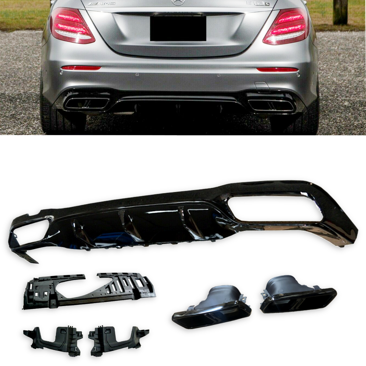 Gloss Black Rear Diffuser with E63S AMG Style Silver Tips for Mercedes ...