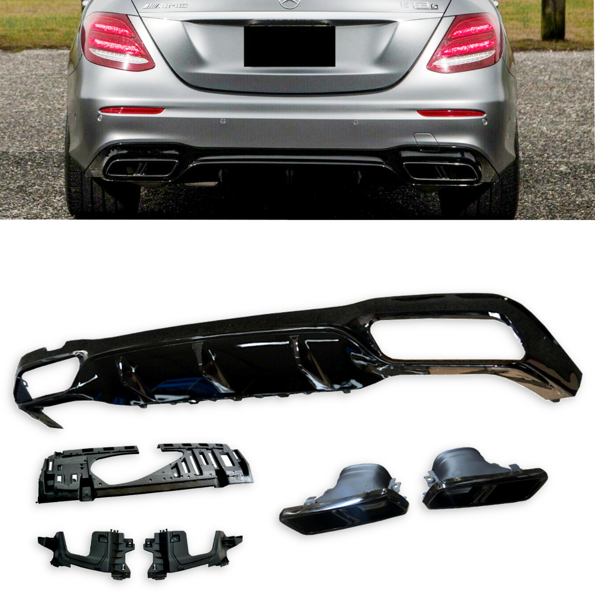 Gloss Black Rear Diffuser with E63S AMG Style Silver Tips 