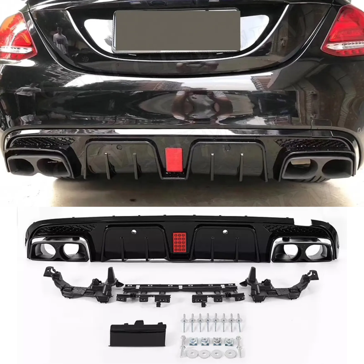 Mercedes Benz C Class W205 AMG C63 (2015-2018) Gloss Black Rear Bumper Diffuser with Tailpipe