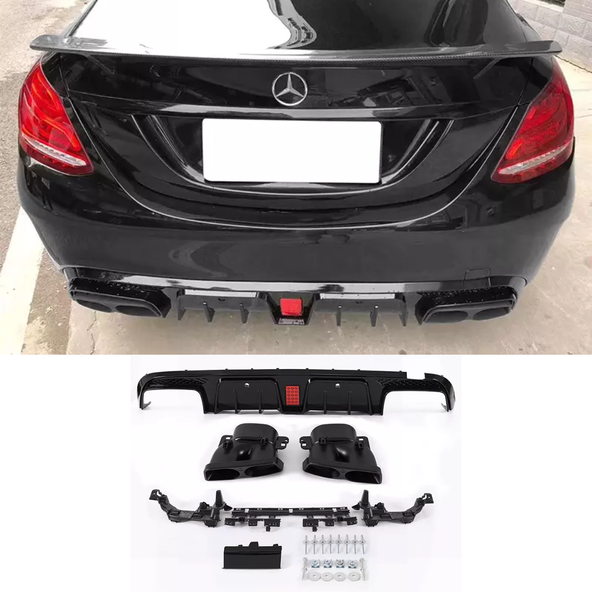 Gloss Black Rear Diffuser for Mercedes Benz C Class W205 AMG C63 AMG Line (2015-2018)