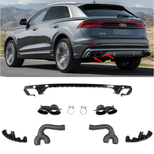 Audi Q8 (2018+) SQ8 Style Gloss Black & Silver Tips Rear Diffuser Exhaust Trim