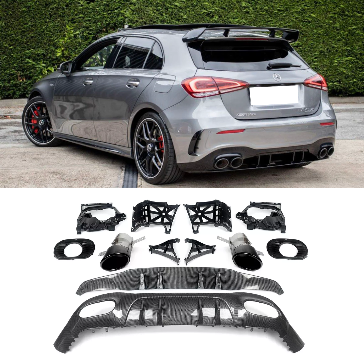 Mercedes A Class W177 Hatchback 2018+ A35 AMG Style Rear Diffuser and Tailpipes Kit