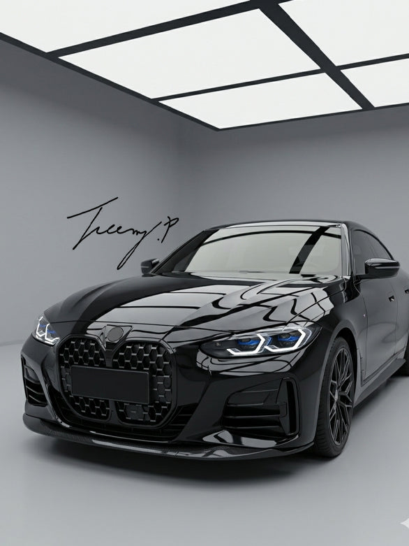 Gloss black front lip splitter spoiler body kit installed on a 2020-2023 BMW 4 Series M Sport G22 / G23