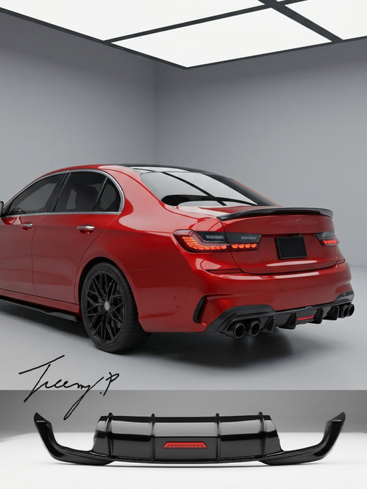 Gloss black rear valance diffuser with LED for BMW 3 Series G20 M Sport (2020+).