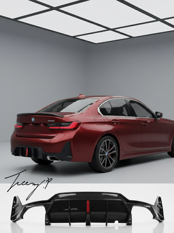Rear valance diffuser Style 1 splitter with lamp for BMW 3 Series G20 (2023+).
