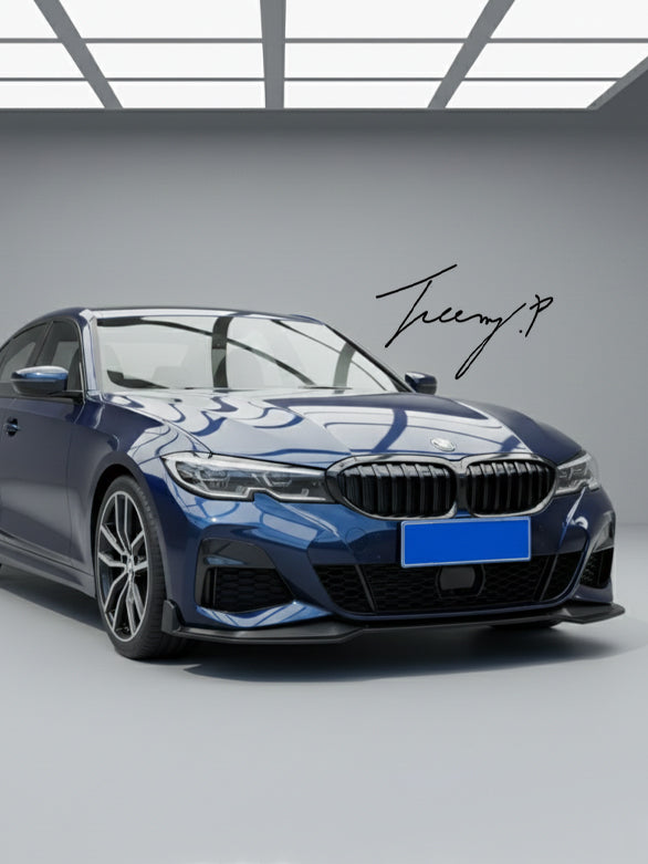 Gloss black MP-style front splitter lip for BMW 3 Series G20 (2020+).
