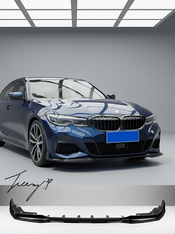 Gloss black MP-style front splitter lip for BMW 3 Series G20 (2020+).
