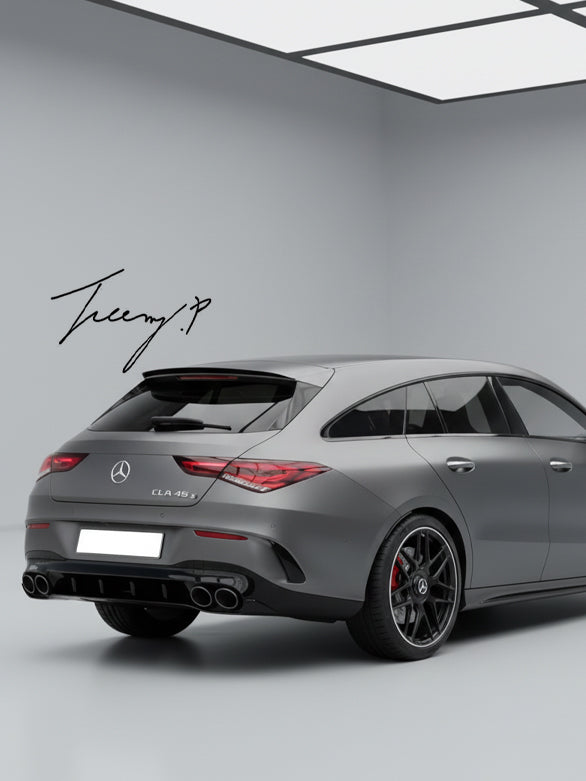 Gloss black rear roof spoiler lip for Mercedes CLA X118 Shooting Brake (2019–2022).
