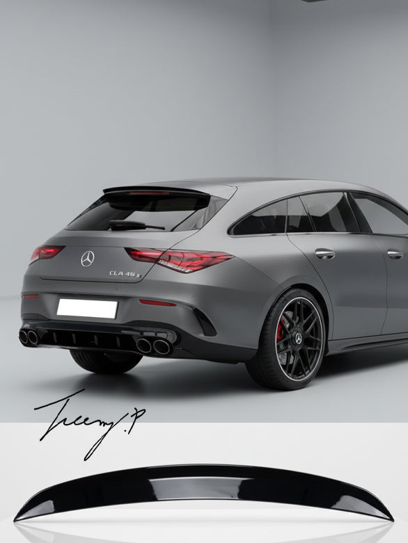 Gloss black rear roof spoiler lip for Mercedes CLA X118 Shooting Brake (2019–2022).
