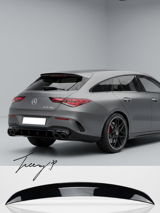 Gloss black rear roof spoiler lip for Mercedes CLA X118 Shooting Brake (2019–2022).
