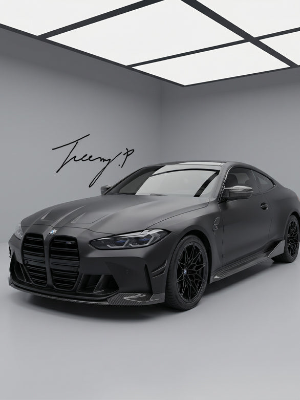 M Performance-style real carbon fiber side skirt extensions installed on a 2021–2026 BMW M4 G82 Coupe / G83 Convertible