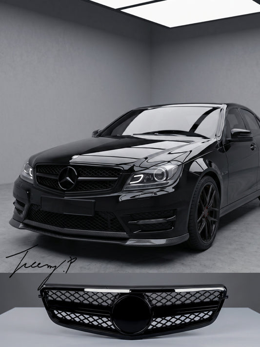 Mercedes C Class W204 AMG style gloss black front grille 2008 to 2014
