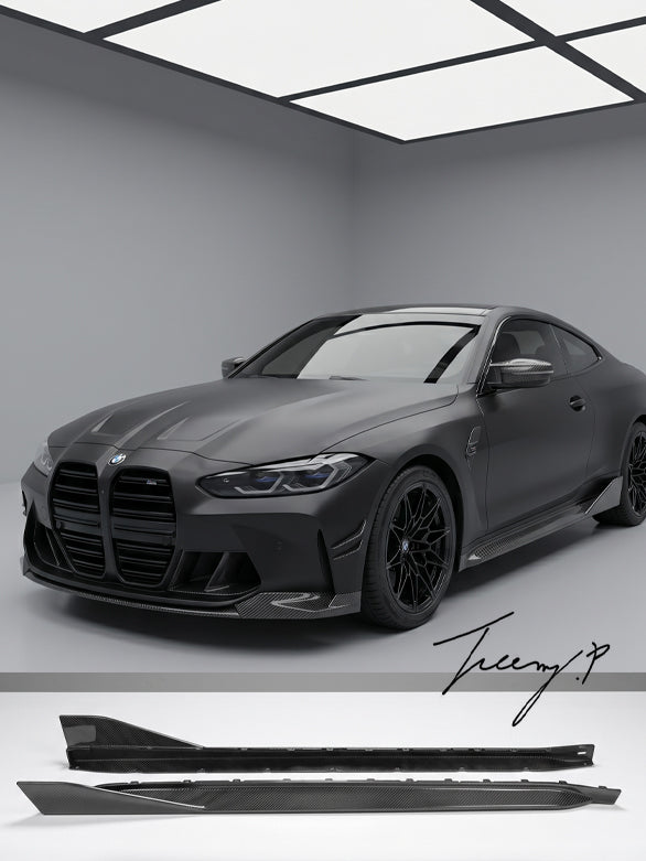 M Performance-style real carbon fiber side skirt extensions installed on a 2021–2026 BMW M4 G82 Coupe / G83 Convertible