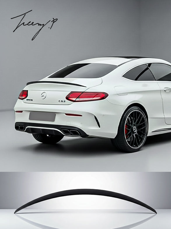 Gloss black AMG-style rear boot trunk spoiler for Mercedes C-Class Coupe C205/A205 (2015–2021).