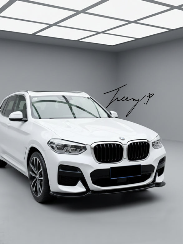 Gloss black front splitter spoiler lip installed on a 2018-2021 BMW X3 Pre-LCI (G01) M Sport
