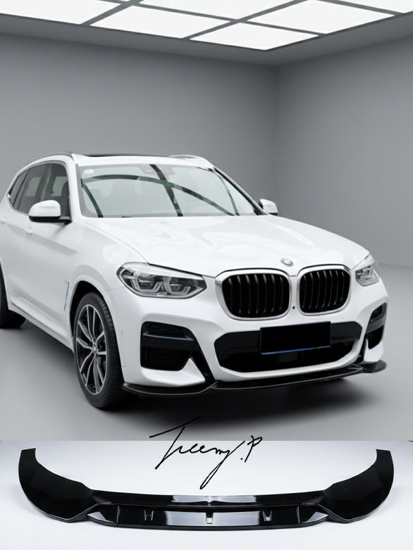 Gloss black front splitter spoiler lip installed on a 2018-2021 BMW X3 Pre-LCI (G01) M Sport