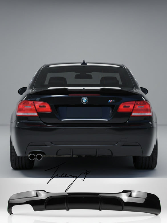 Gloss black rear valance diffuser spoiler installed on a 2006-2013 BMW 3 Series (E92 / E93) M Sport