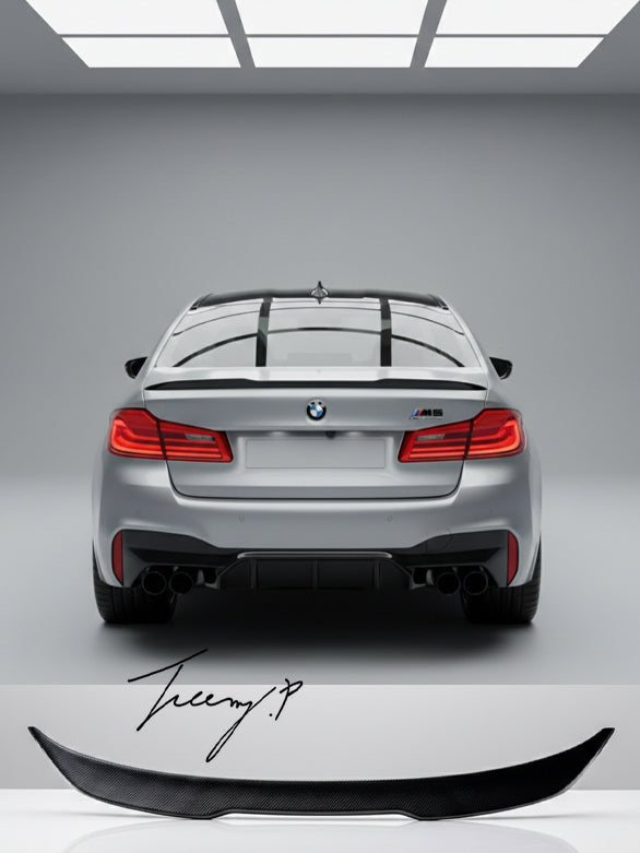 Carbon fiber look CS style rear boot spoiler lip wing installed on a 2016-2023 BMW 5 Series G30 or M5 F90