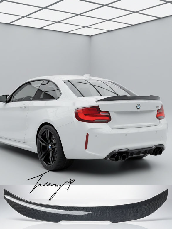 Carbon fiber-look PSM-style high kick ducktail spoiler installed on a 2014-2021 BMW 2 Series / M2 F22 Coupe / F87 M2