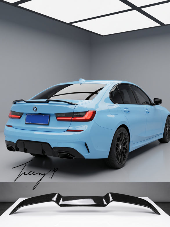 Gloss black V-style rear boot spoiler lip wing installed on a 2018-2023 BMW 3 Series / M3 G20 / G80