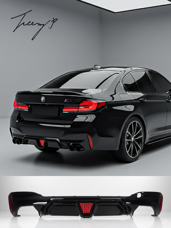 Gloss black rear valance diffuser quad exhaust for BMW 5 Series G30/G38 (2017–2022).
