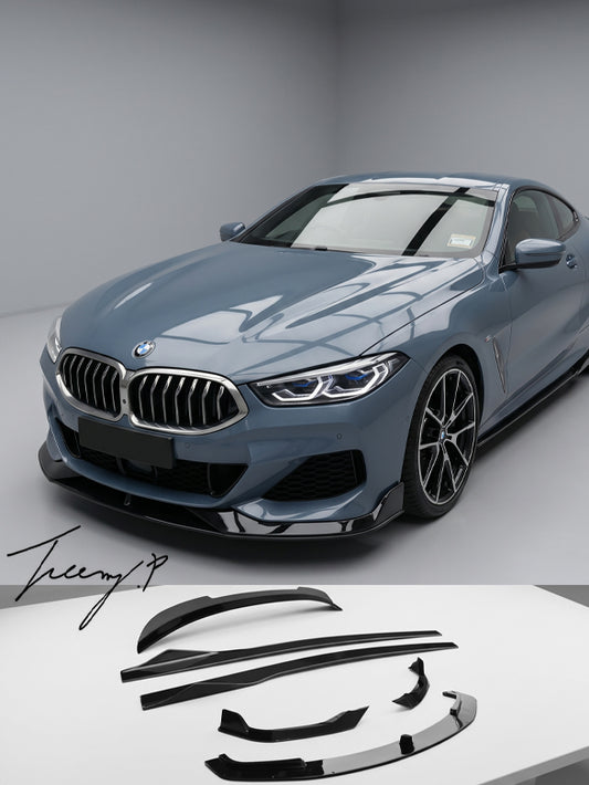 BMW 8 Series G16 gloss black body kit with spoiler side skirt and front splitter sporty styling upgrade
