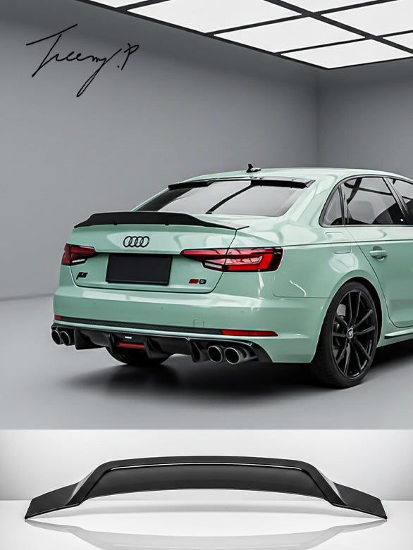 Gloss black R-style rear spoiler for Audi A4 B9 (2017–2022).
