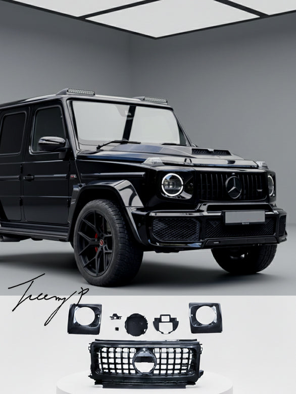Gloss black GT grille and headlight covers for Mercedes G Wagon W463A
