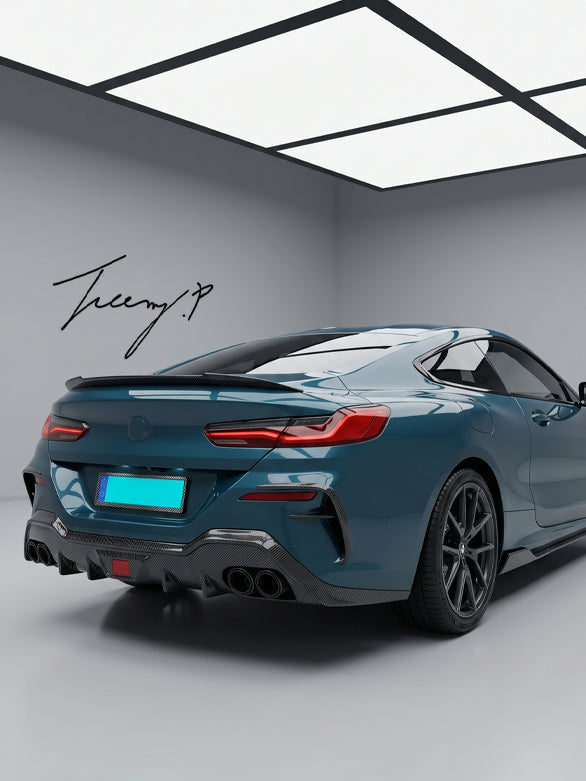 BMW 8 Series G15 and F92 M8 coupe real carbon fiber V style rear boot spoiler sporty aerodynamic upgrade
