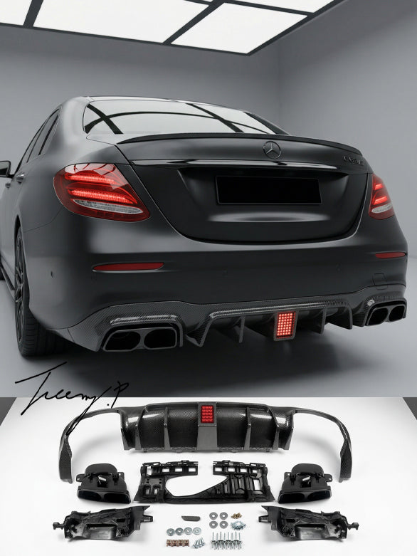 AMG F1 light style rear diffuser with carbon look tailpipes for Mercedes E Class W213 S213 2016 to 2023
