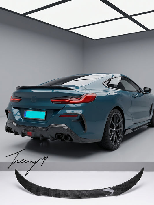 BMW 8 Series G15 and F92 M8 coupe real carbon fiber V style rear boot spoiler sporty aerodynamic upgrade
