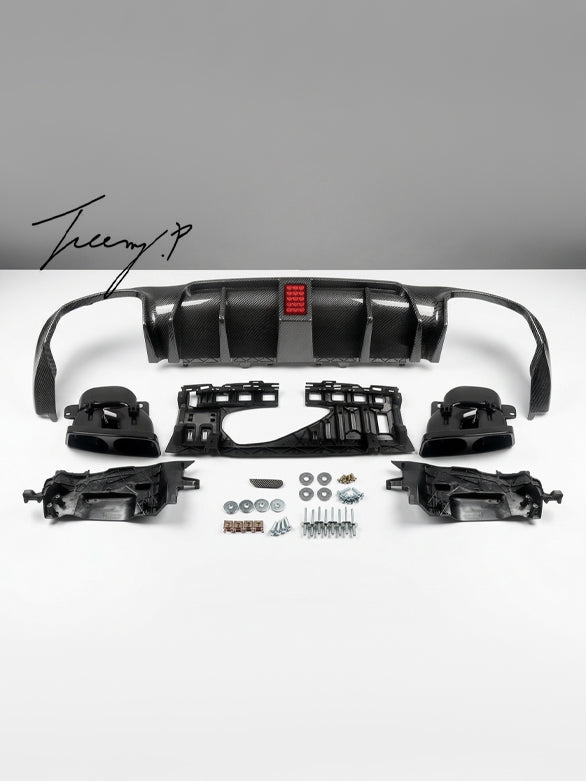 AMG F1 light style rear diffuser with carbon look tailpipes for Mercedes E Class W213 S213 2016 to 2023
