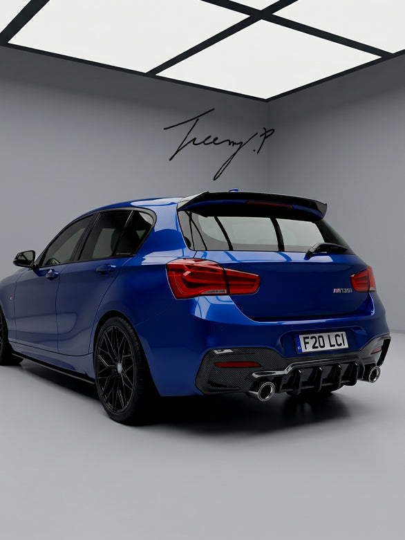 Gloss black Blade-style rear diffuser installed on a 2015-2019 BMW 1 Series LCI F20 / F21 M135i / M140i