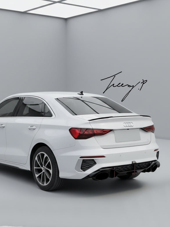 Gloss black RS3-style rear diffuser with black exhaust tips installed on a 2021-2024 Audi A3 Saloon (8Y)