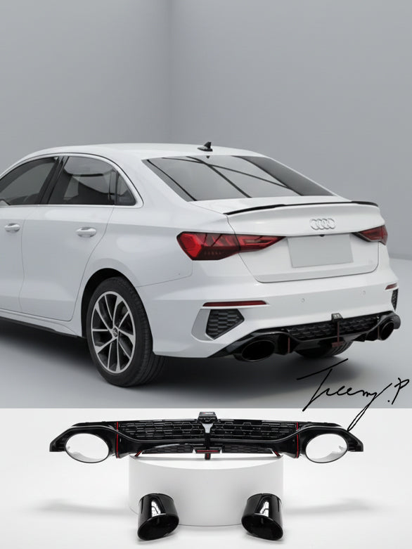 Gloss black RS3-style rear diffuser with black exhaust tips installed on a 2021-2024 Audi A3 Saloon (8Y)