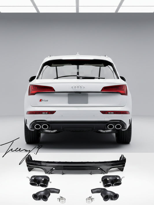 Gloss black SQ5-style rear diffuser with silver quad tailpipes installed on a 2018-2020 Audi Q5