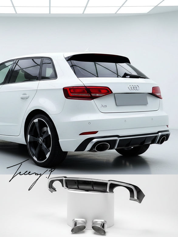 Gloss Black RS3 Style Rear Diffuser With Silver Tips For Audi A3 8V Facelift 2017-2020