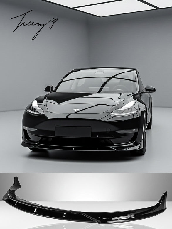 4-piece gloss black front lip spoiler for Tesla Model 3 (2023+).

