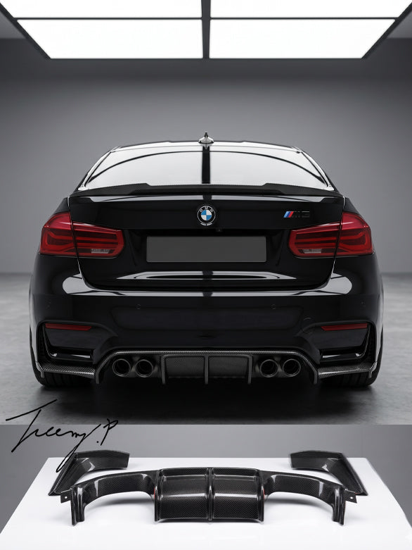 V style carbon look rear diffuser valance for BMW F80 M3 and F82 M4 2015 to 2020
