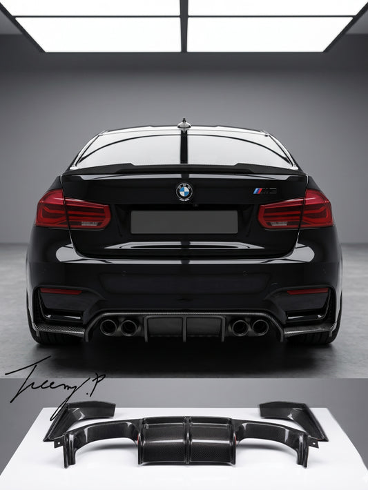 V style carbon look rear diffuser valance for BMW F80 M3 and F82 M4 2015 to 2020
