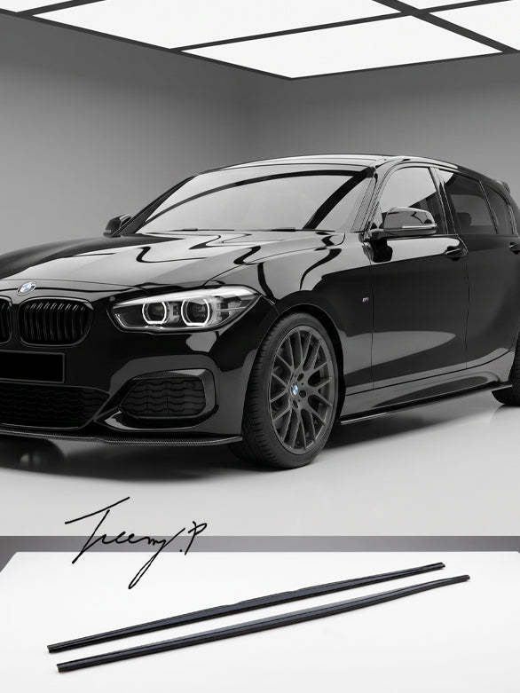 Gloss black side skirt rocker panel extensions installed on a 2015-2020 BMW 1 Series LCI F20 / F21