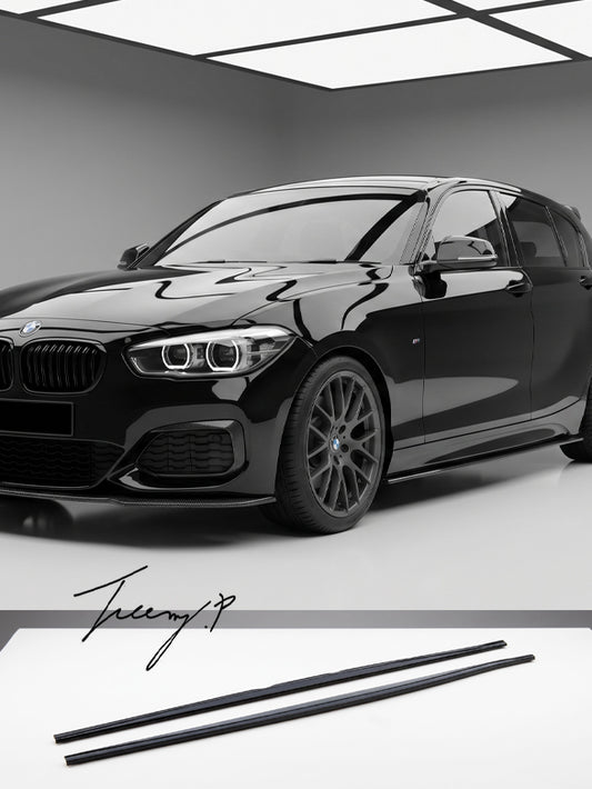 Gloss black side skirt rocker panel extensions installed on a 2015-2020 BMW 1 Series LCI F20 / F21